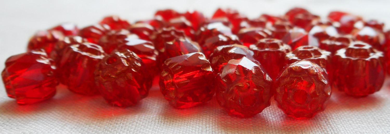 Lot of 25 Siam Red 6mm crown picasso beads, faceted, firepolished, antique cut, Czech glass beads C1801 - Glorious Glass Beads