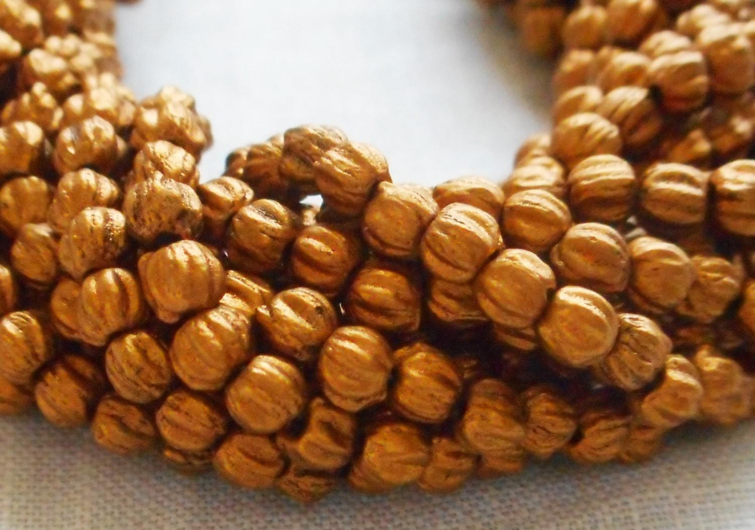 Lot of 100 3mm Matte Metallic Antique Gold melon beads, Czech pressed glass beads C61150 - Glorious Glass Beads