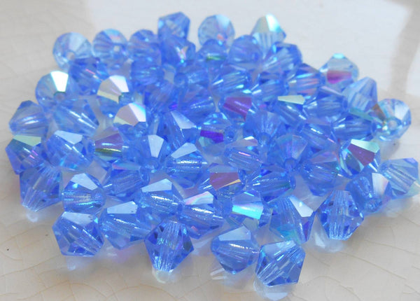 Lot of 24 6mm Sapphire Blue AB Czech Preciosa Crystal bicone beads, faceted glass blue AB bicones C60101 - Glorious Glass Beads