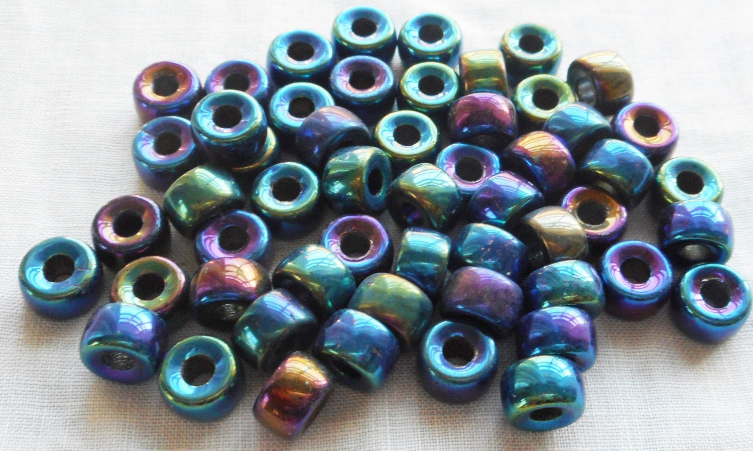 Lot of 25 9mm Czech Blue Iris glass pony roller beads, large hole crow beads, C5350 - Glorious Glass Beads