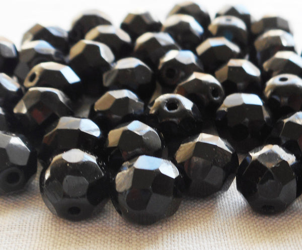 Lot of 25 8mm Jet black Czech glass beads, firepolished faceted, round beads C4525