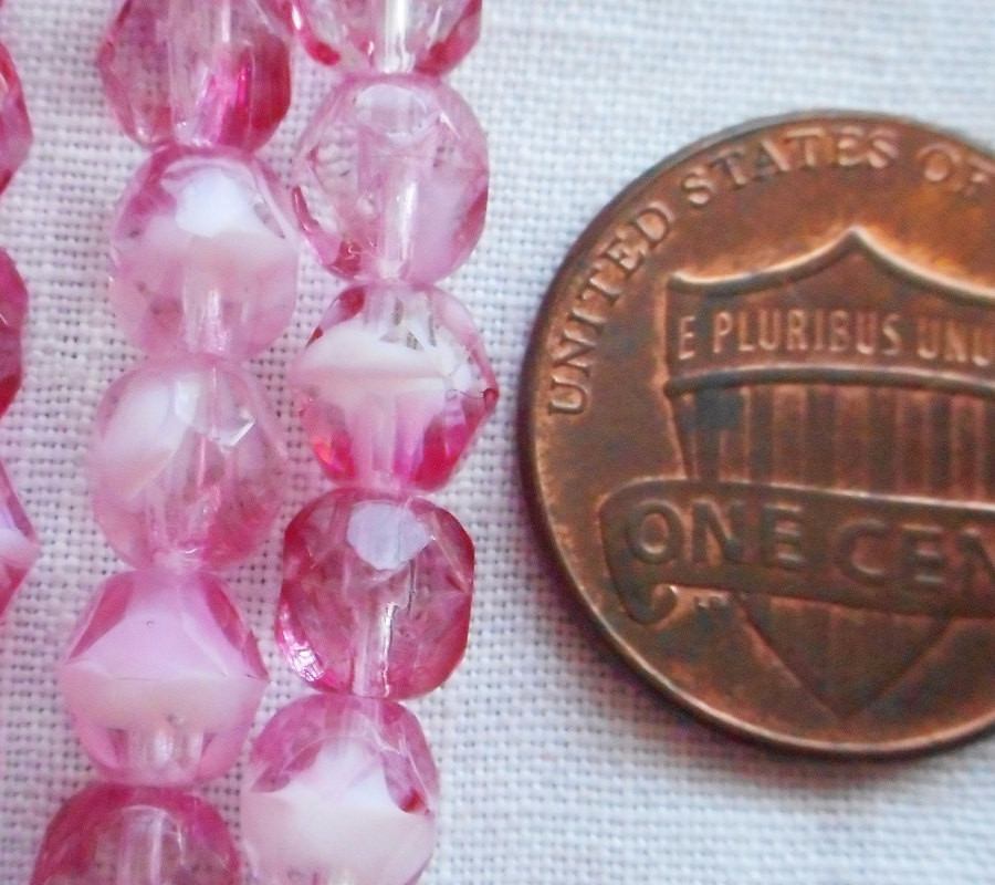 Lot of 25 6mm, Light Crystal PInk beads with white hearts, Czech glass firepolished faceted round beads C1501 - Glorious Glass Beads