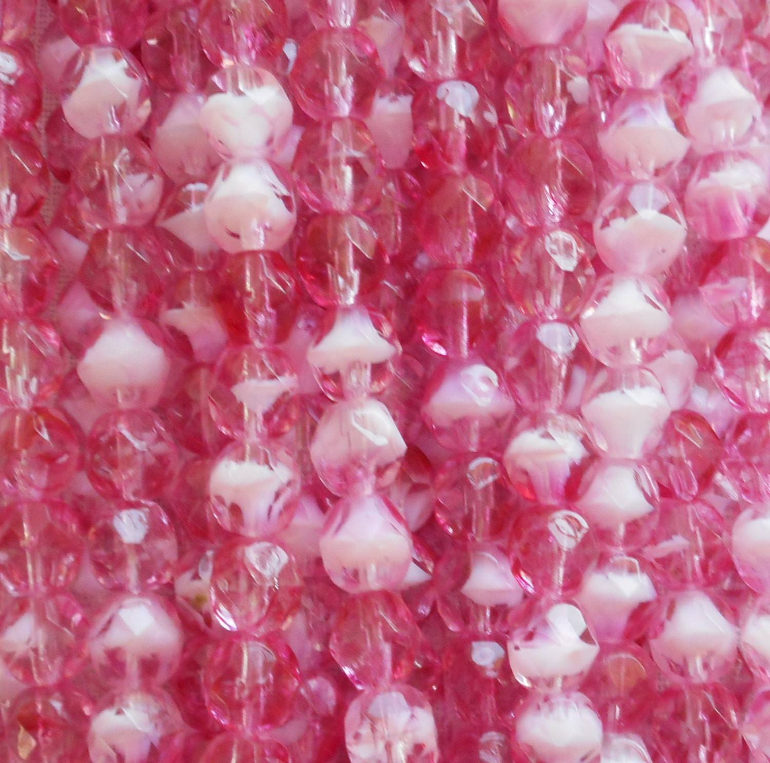 Lot of 25 6mm, Light Crystal PInk beads with white hearts, Czech glass firepolished faceted round beads C1501 - Glorious Glass Beads