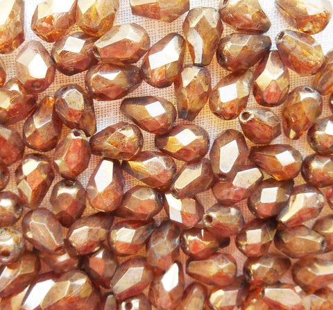 Lot of 25 7 x 5mm Lumi Brown teardrop Czech glass beads, faceted firepolished beads C5901 - Glorious Glass Beads