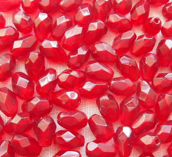 Lot of 25 7 x 5mm Ruby Red, Light Garnet teardrop Czech glass beads, faceted firepolished beads C4701