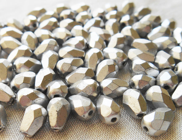 Lot of 25 7 x 5mm Czech glass Matte Metallic Silver Glass teardrop beads, faceted firepolished beads C7501 - Glorious Glass Beads