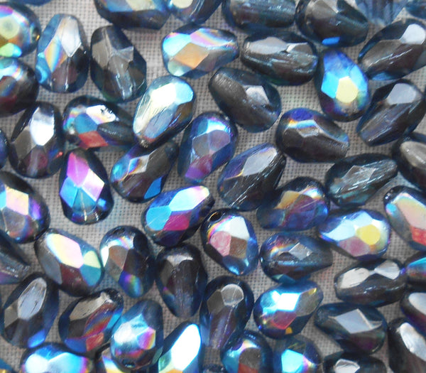 Lot of 25 7 x 5mm Montana Blue AB teardrop Czech glass beads, faceted firepolished beads C5501