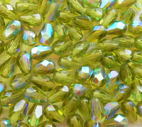 Lot of 25 7 x 5mm Olivine Green AB teardrop Czech glass beads, faceted firepolished beads C5501