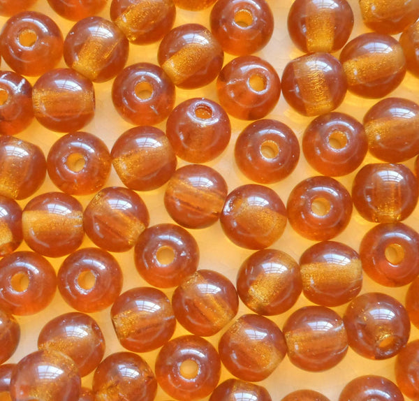 Lot of 25 8mm Czech glass big hole beads, Topaz brown smooth round druk beads with 2mm holes C8401