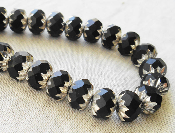 Lot of 25 6 x 9mm opaque black and silver picasso Czech glass faceted cruller beads C58201