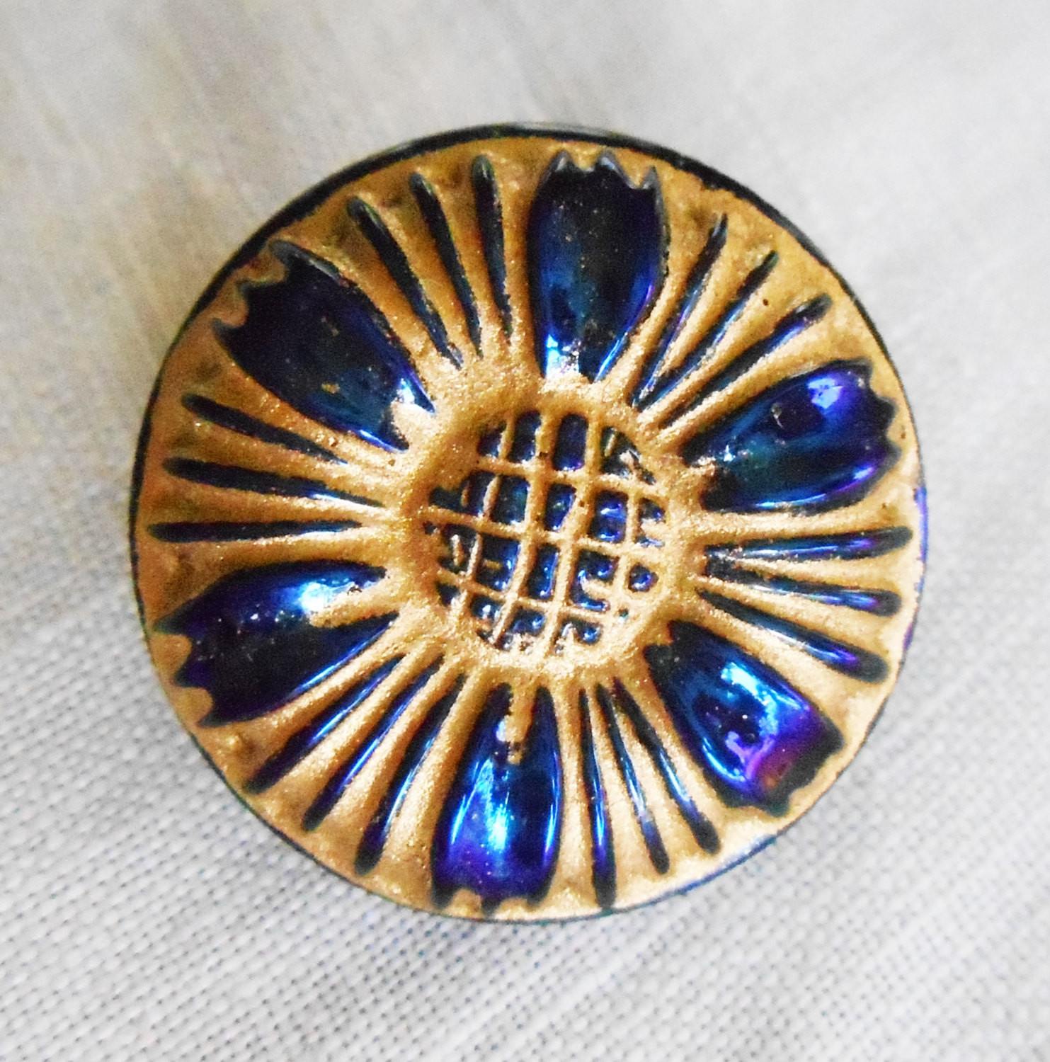 One 18mm Czech glass button, Iridescent cobalt blue sunflower with a gold wash, floral decorative shank buttons 08101 - Glorious Glass Beads