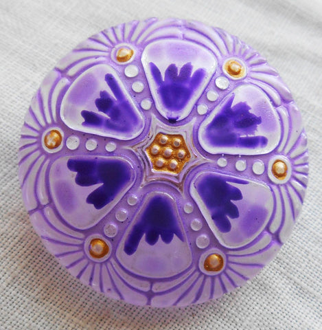 One 27mm Czech glass button, purple hand painted wheel pattern with gold accents , decorative shank buttons C59201 - Glorious Glass Beads
