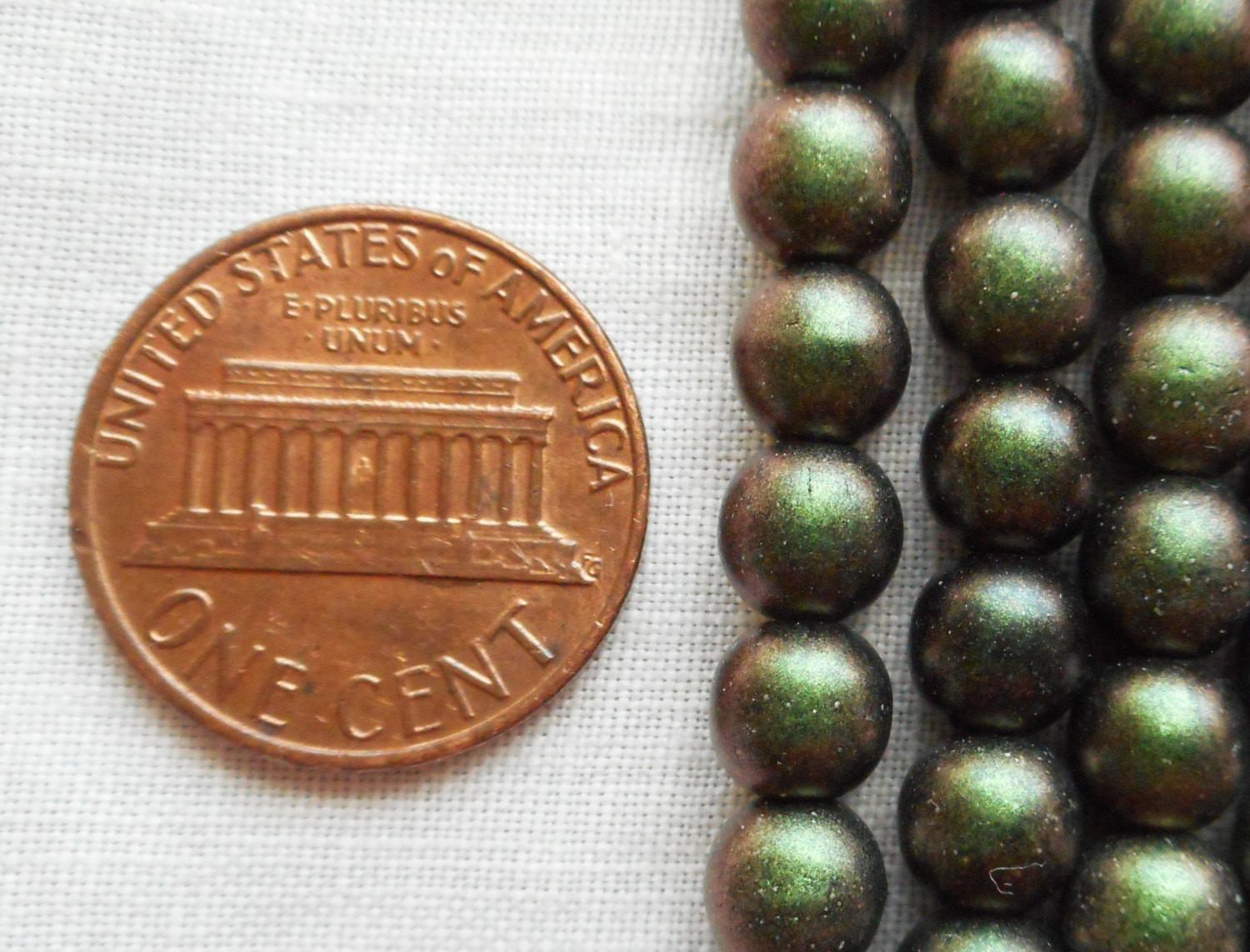 Lot of 50 6mm Czech glass druks, Polychrome Olive Mauve smooth round druk beads 31150 - Glorious Glass Beads