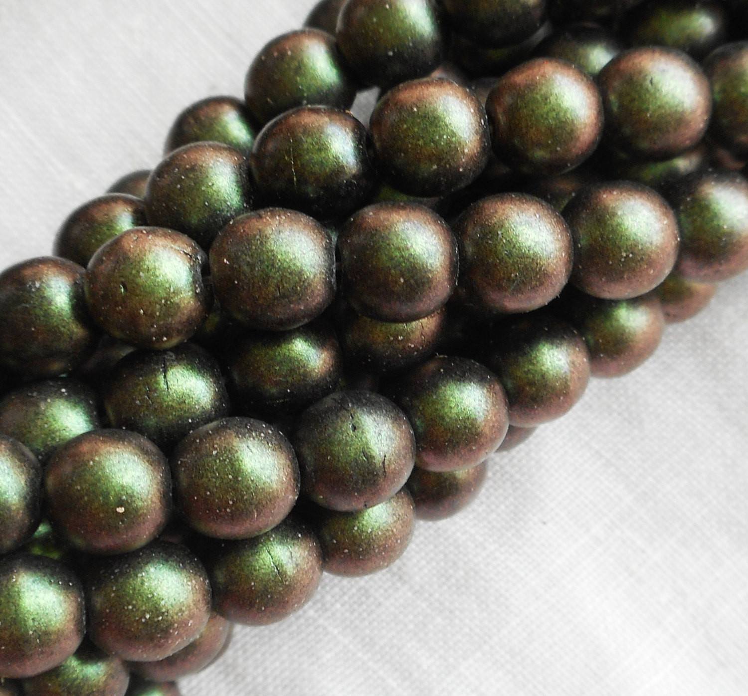 Lot of 50 6mm Czech glass druks, Polychrome Olive Mauve smooth round druk beads 31150 - Glorious Glass Beads