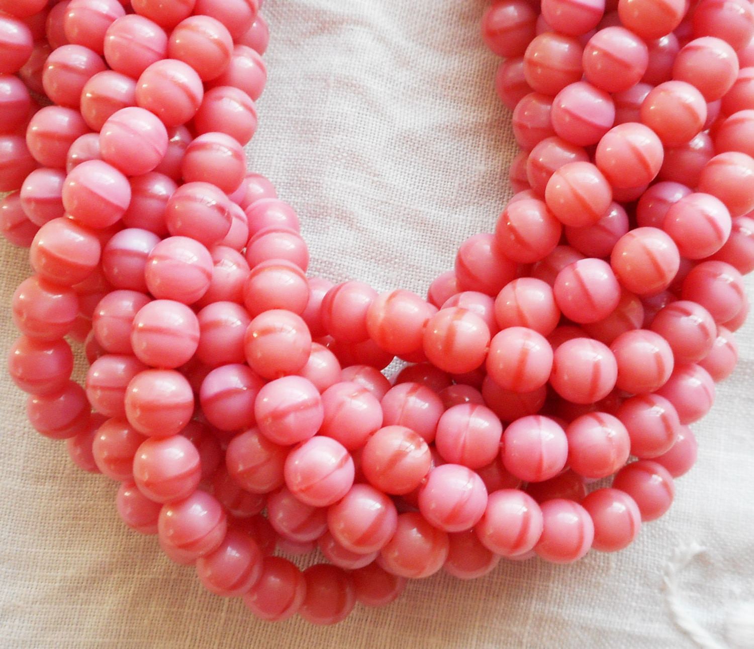 Lot of 50 6mm Czech glass druks, Opaque Coral Pink smooth round druk beads C92150 - Glorious Glass Beads