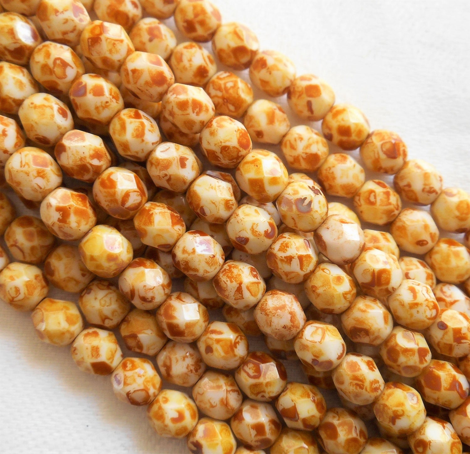 Lot of 25 6mm Czech glass beads, Opaque Off White Picasso firepolished, faceted round beads C8425 - Glorious Glass Beads