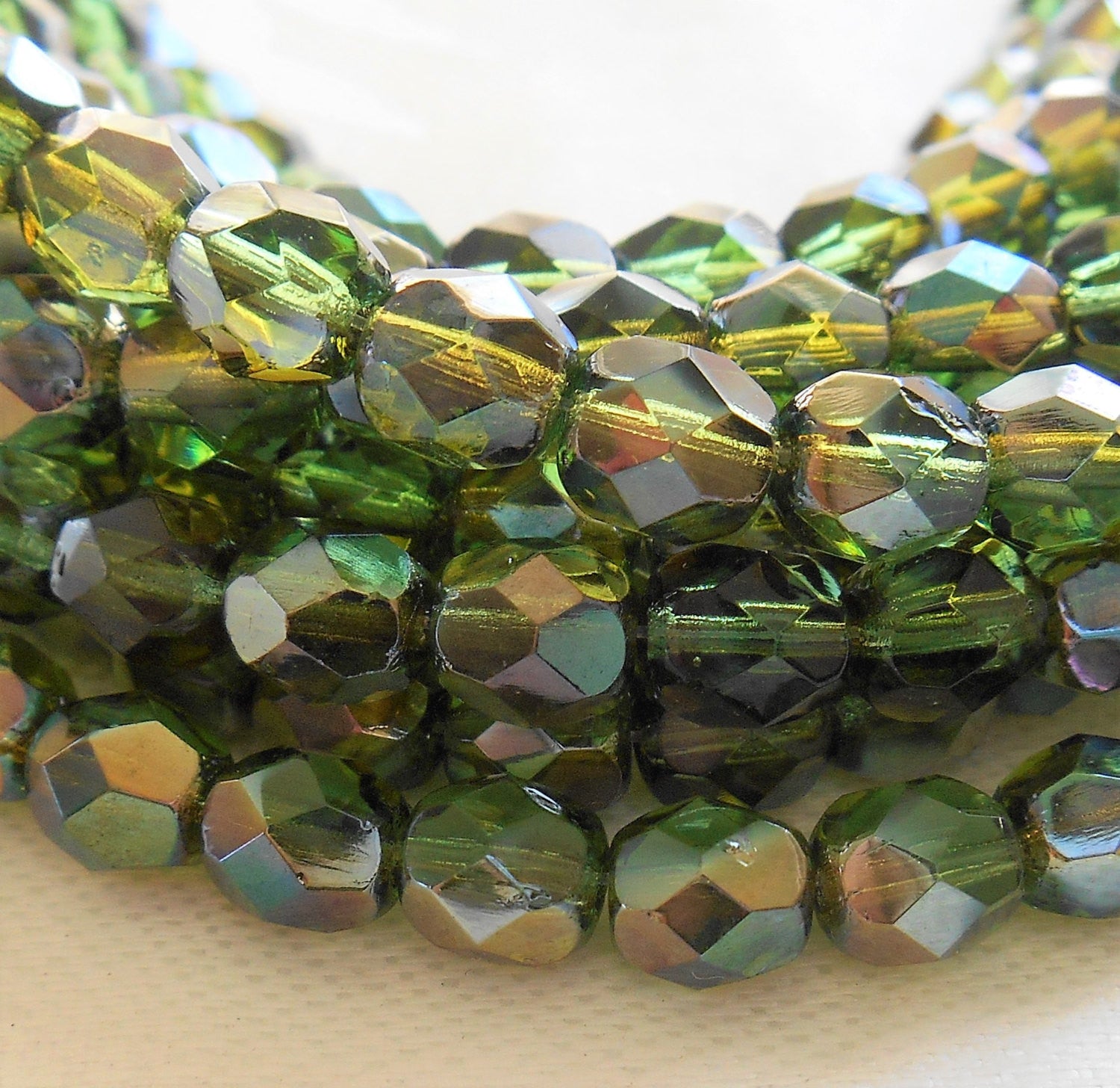 Lot of 25 6mm Prairie Green Celsian Czech glass beads, round faceted firepolished beads, C7425 - Glorious Glass Beads