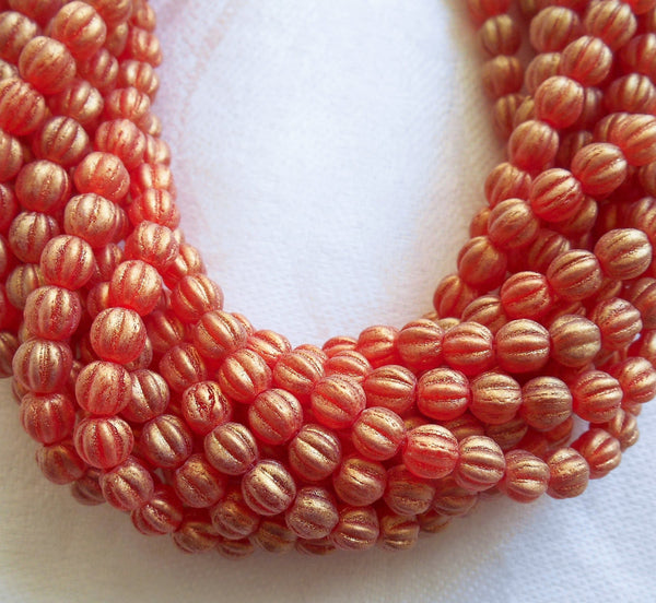 Fifty 5mm Sueded Gold Ruby Red Czech glass melon beads, red gold coated glass beads C33101