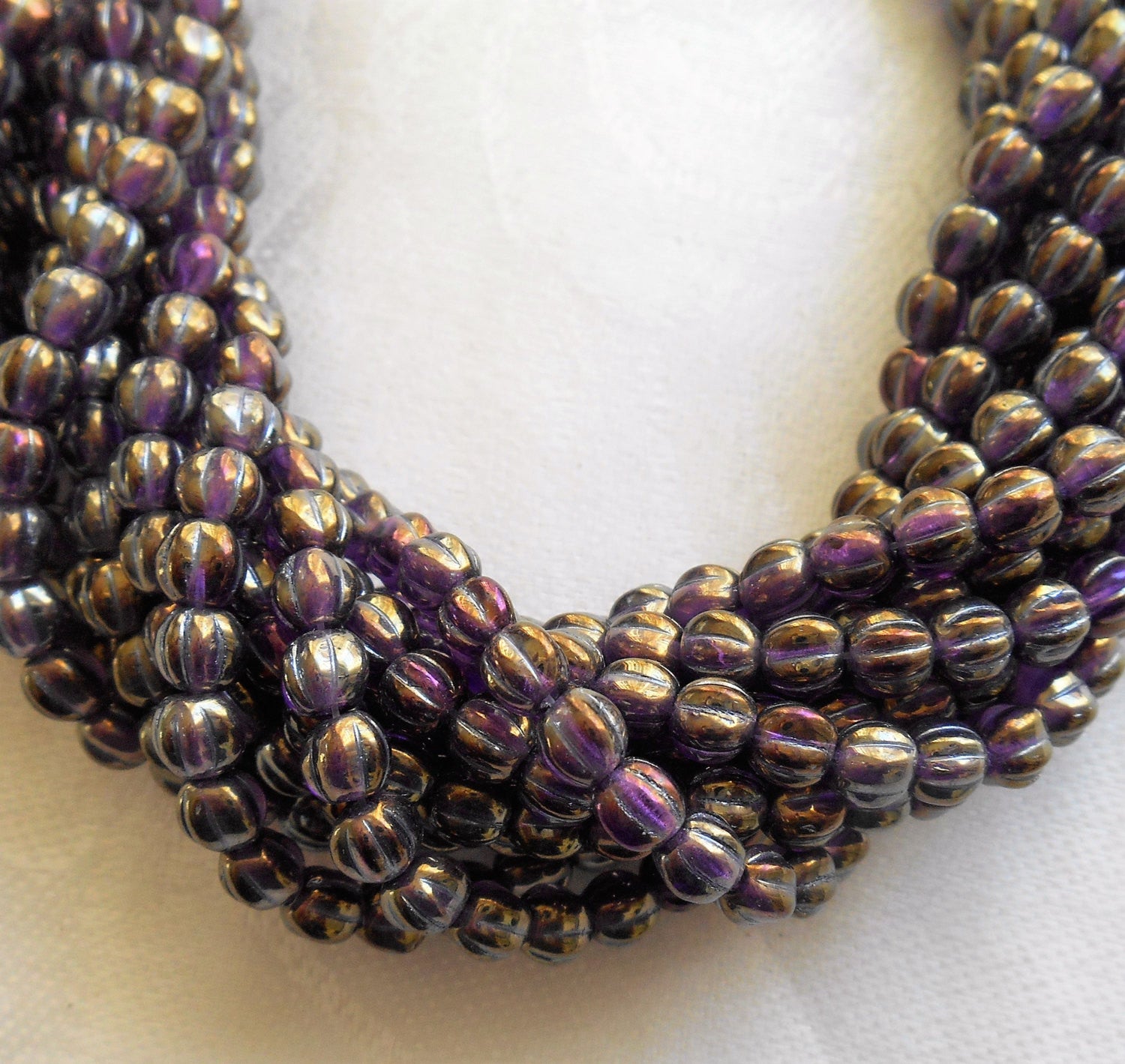 Fifty 5mm Luster Iris Tanzanite Purple melon beads, Pressed Czech glass beads C8650 - Glorious Glass Beads