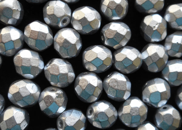 Lot of 25 8mm Matte Silver Czech glass beads, firepolished, faceted round beads, C6525