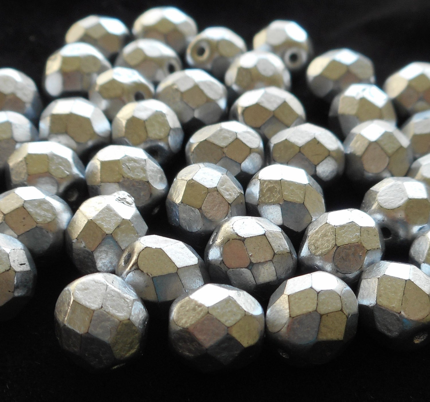 Lot of 25 8mm Matte Silver Czech glass beads, firepolished, faceted round beads, C6525 - Glorious Glass Beads