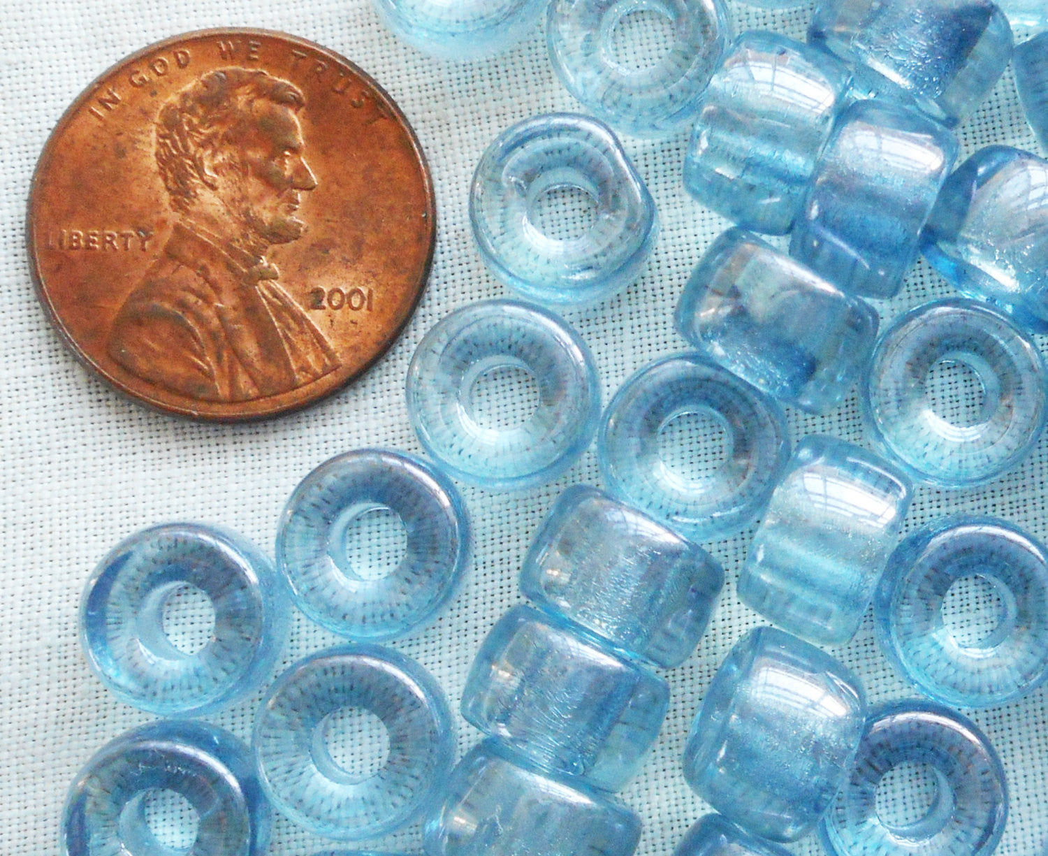 Lot of 25 9mm Czech Transparent Lumi Blue pony roller beads, large hole blue glass crow beads, C5725 - Glorious Glass Beads