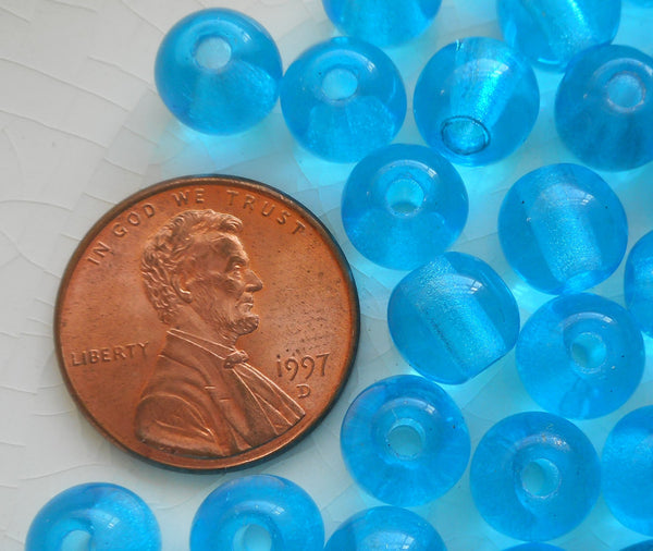 Lot of 25 8mm Czech glass big hole Aqua Blue beads, smooth round druk beads with 2mm holes C7601 - Glorious Glass Beads
