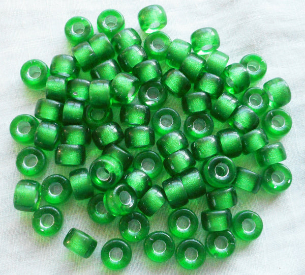 Lot of 25 9mm Czech Emerald green silver lined Czech glass pony roller beads, large hole crow beads, C6625