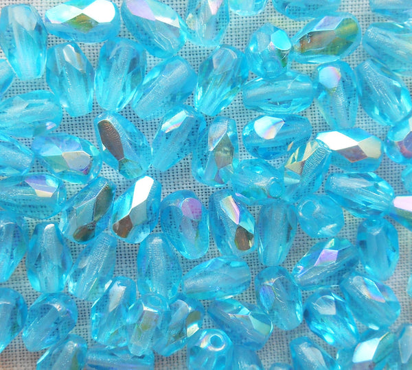 Lot of 25 7 x 5mm Aqua Blue AB teardrop Czech glass beads, faceted firepolished beads C3701