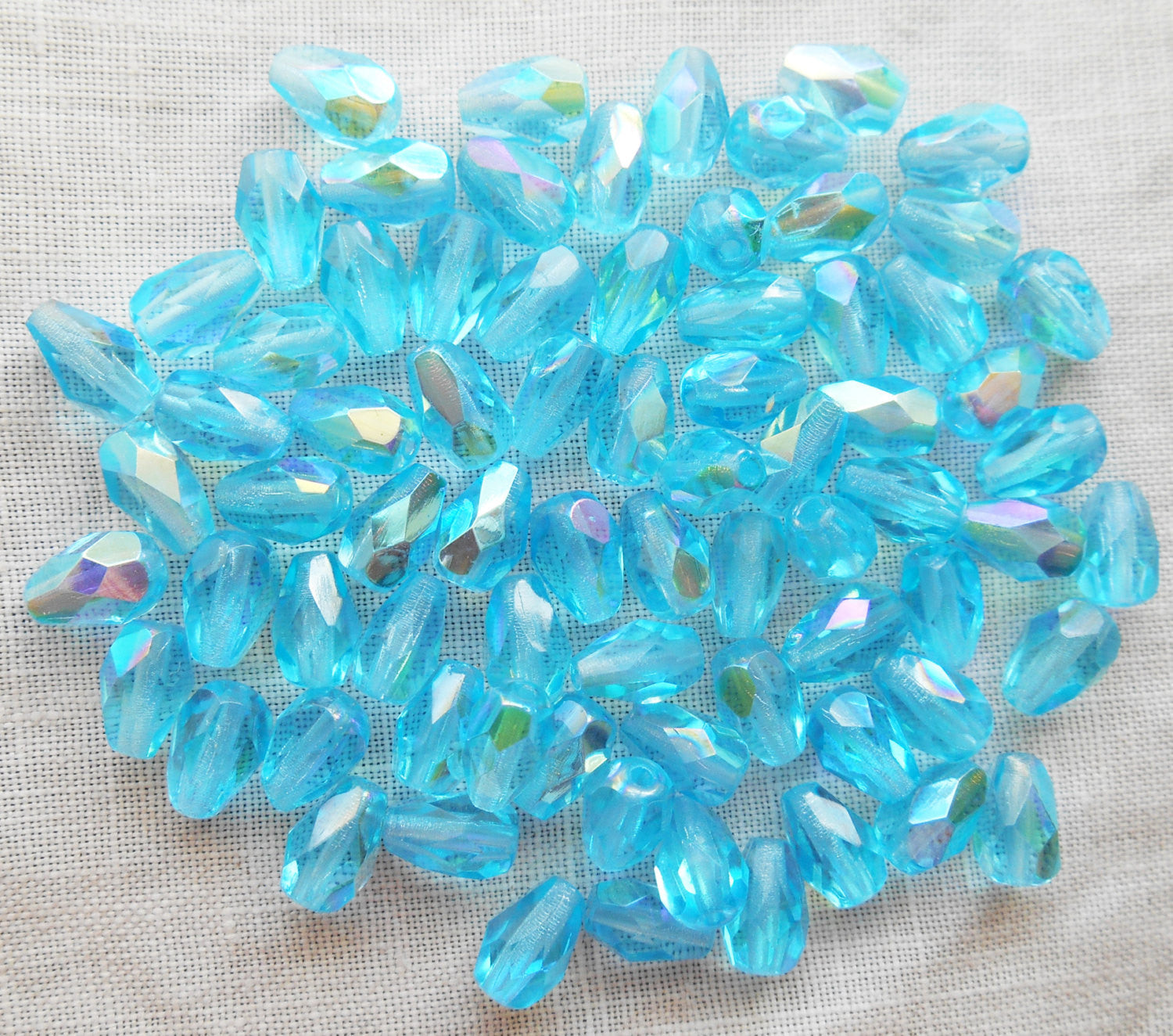 Lot of 25 7 x 5mm Aqua Blue AB teardrop Czech glass beads, faceted firepolished beads C3701 - Glorious Glass Beads
