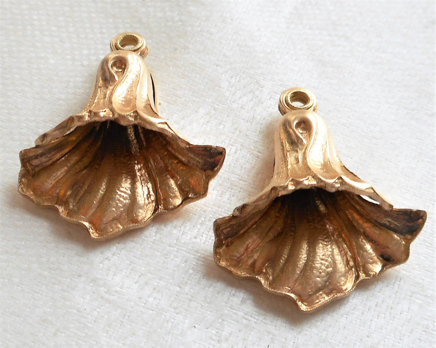 Two Raw Brass Stampings, Victorian Bell Flower earrings, two sided charms, drops, dangles 25mm x 21mm, made in the USA C48102 - Glorious Glass Beads