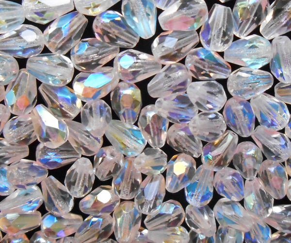 Lot of 25 7 x 5mm Crystal AB teardrop Czech glass beads, faceted fire polished beads C0097