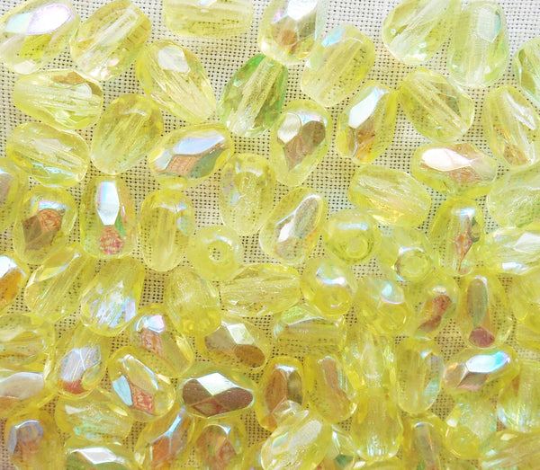 Lot of 25 7 x 5mm Jonquil, Yellow AB teardrop Czech glass beads, faceted firepolished beads C2801