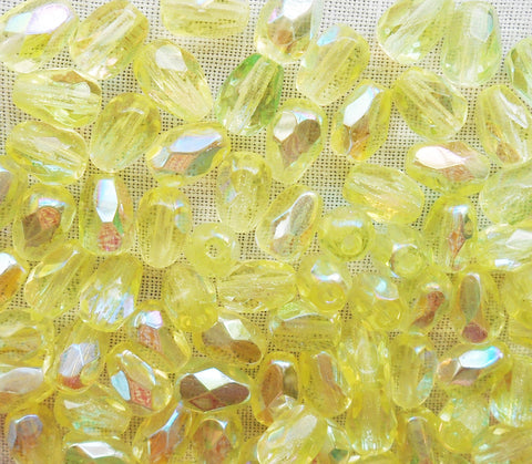 Lot of 25 7 x 5mm Jonquil, Yellow AB teardrop Czech glass beads, faceted firepolished beads C2801 - Glorious Glass Beads