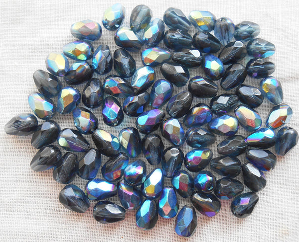 Lot of 25 7 x 5mm Montana Blue AB teardrop Czech glass beads, faceted firepolished beads C5501 - Glorious Glass Beads