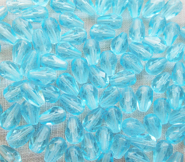 Lot of 25 7 x 5mm Aqua Blue teardrop Czech glass beads, faceted firepolished beads C3601