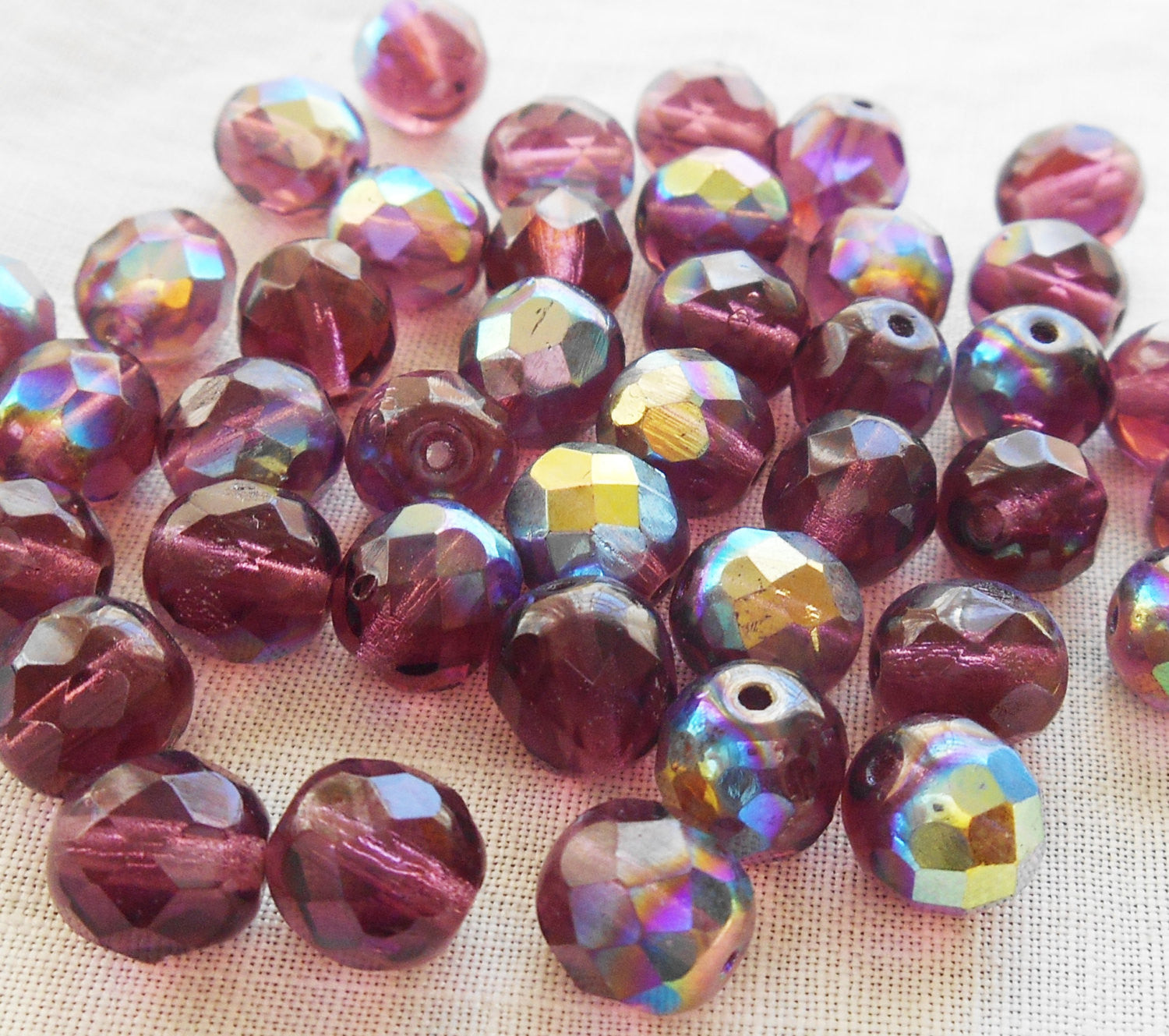 Lot of 25 8mm Dark Amethyst, Purple AB Czech glass beads, firepolished faceted round glass beads C1650 - Glorious Glass Beads