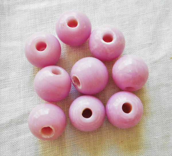Ten 12mm Bright Opaque pink / lilac large, big hole glass beads with 3mm holes, smooth round druk beads, Made in India C6601