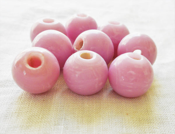 Ten 12mm Bright Opaque pink / lilac large, big hole glass beads with 3mm holes, smooth round druk beads, Made in India C6601 - Glorious Glass Beads
