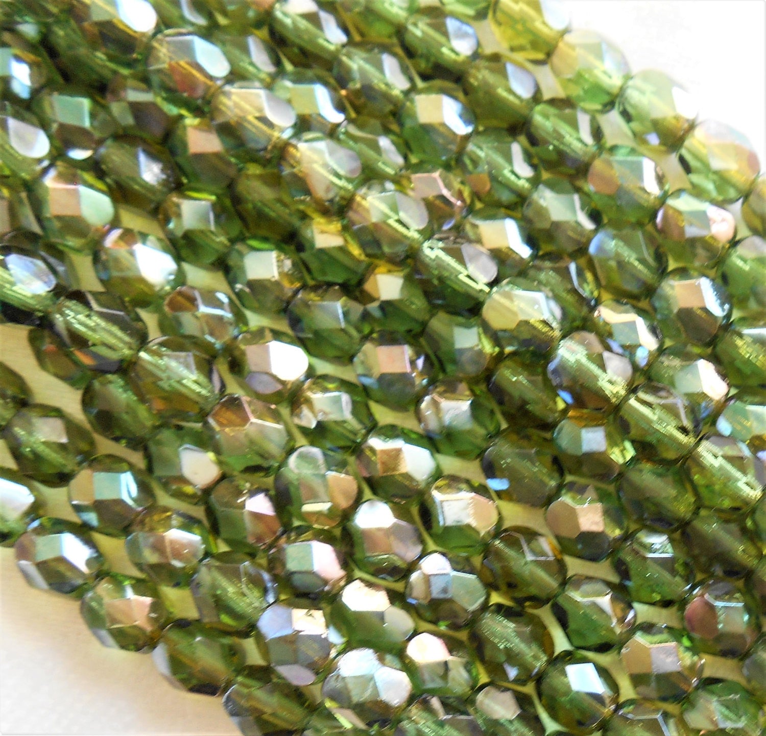 Lot of 25 6mm Prairie Green Celsian Czech glass beads, round faceted firepolished beads, C7425 - Glorious Glass Beads