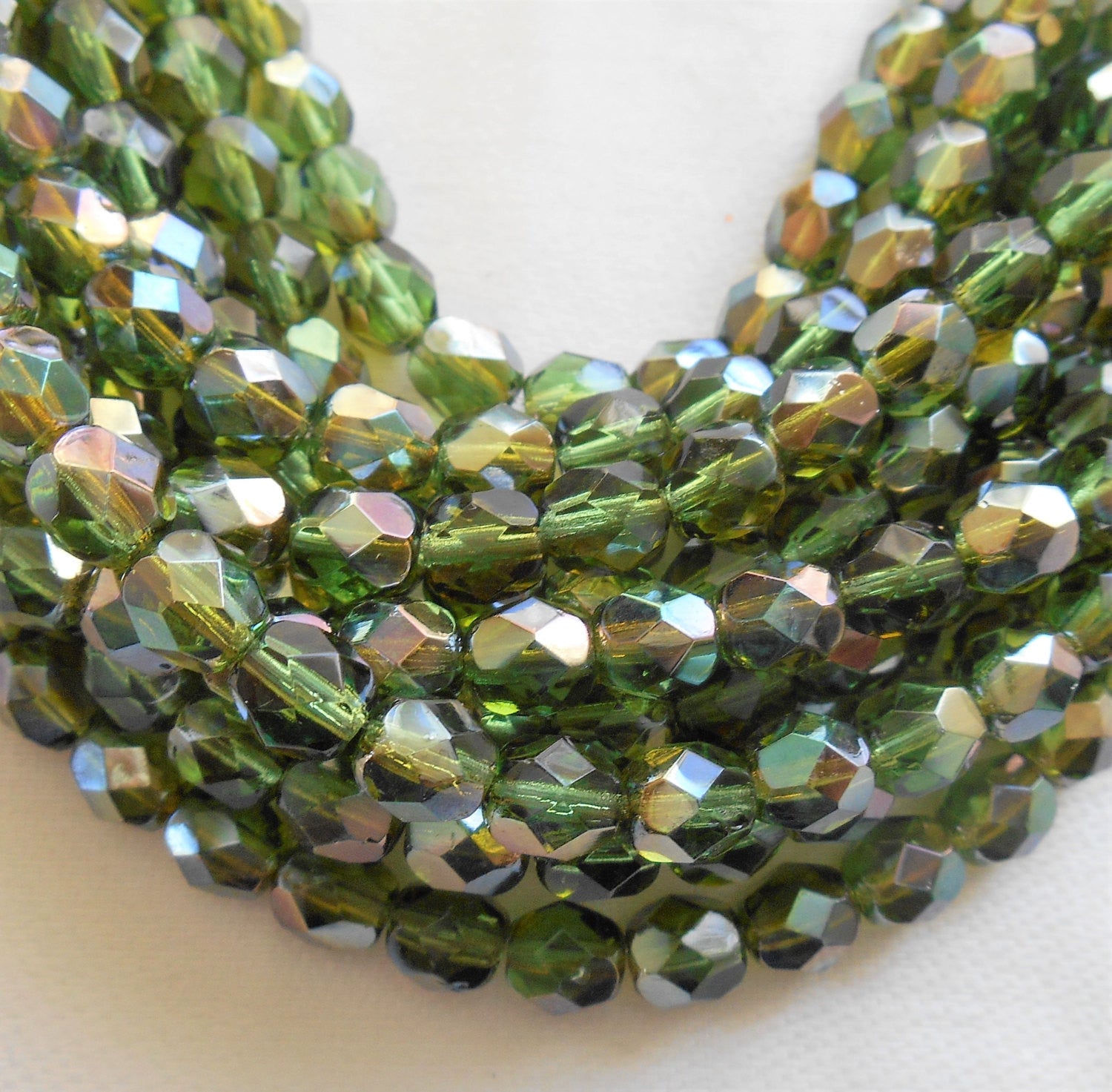 Lot of 25 6mm Prairie Green Celsian Czech glass beads, round faceted firepolished beads, C7425 - Glorious Glass Beads