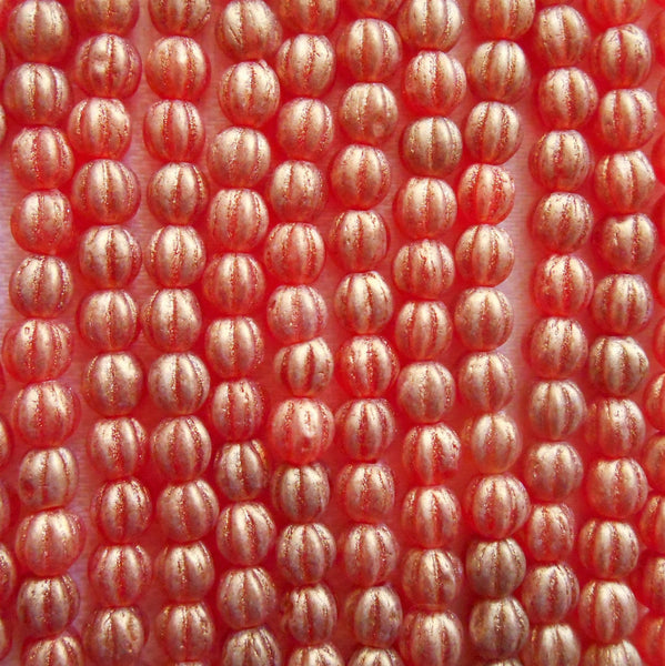 Fifty 5mm Sueded Gold Ruby Red Czech glass melon beads, red gold coated glass beads C33101 - Glorious Glass Beads