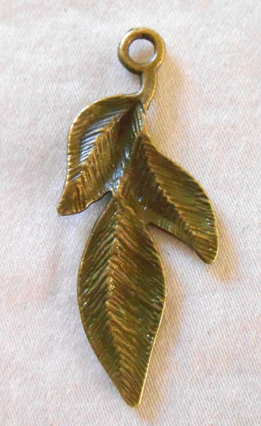 Two antique bronze leaf charms, pendants, 39m by 11mm , three metal leaves C6102 - Glorious Glass Beads