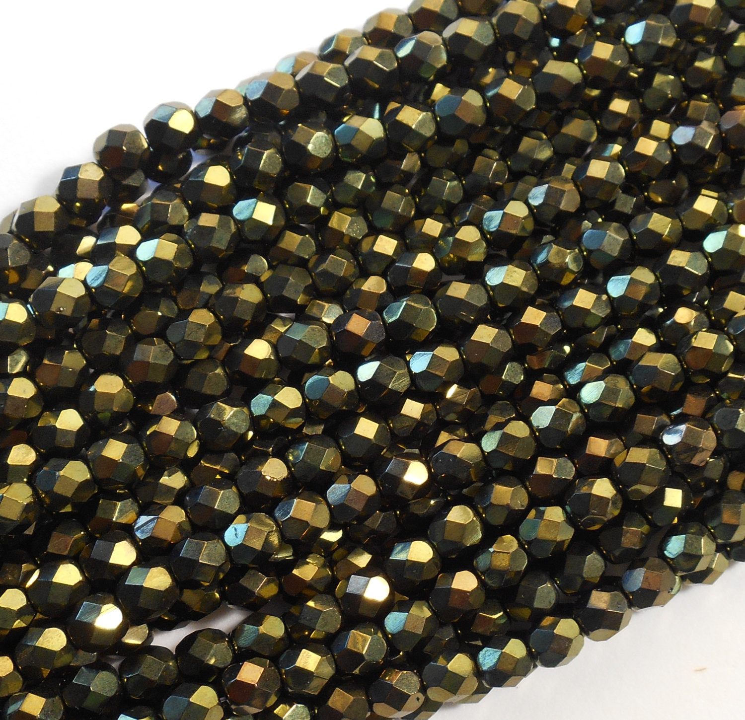 Lot of 25 6mm Metallic olive Green Czech glass firepolished, faceted round beads, C1725 - Glorious Glass Beads