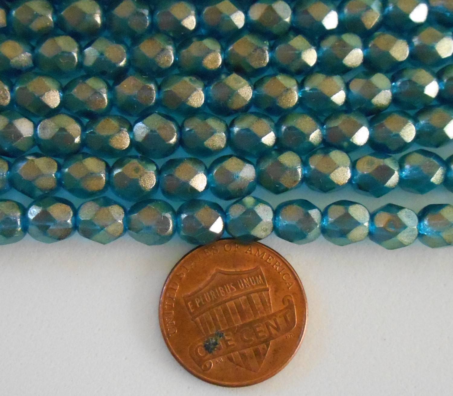 Lot of 25 6mm Halo Azurite Czech, firepolished, aqua glass over gold faceted round beads, C5525 - Glorious Glass Beads