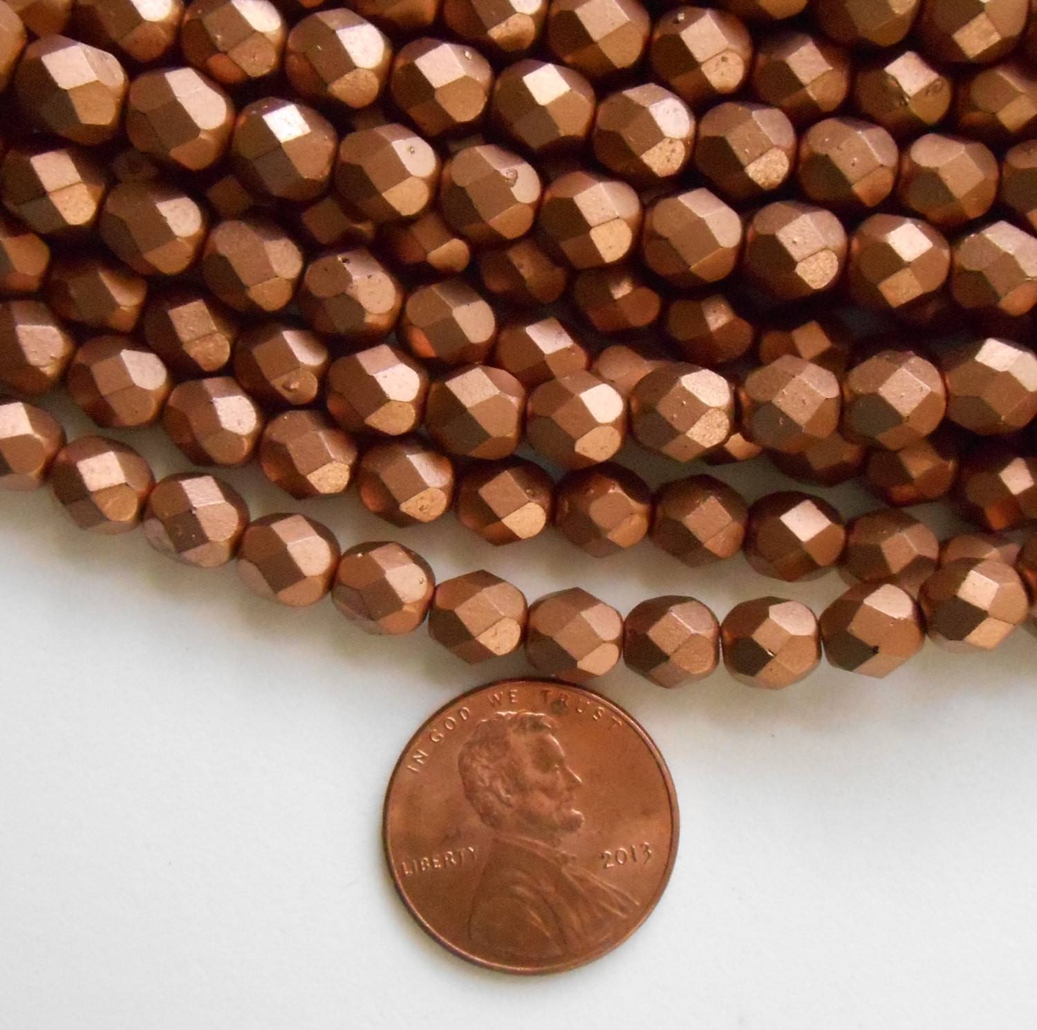 Lot of 25 6mm Matte Metallic Copper Czech glass firepolished, faceted round beads, C7425 - Glorious Glass Beads