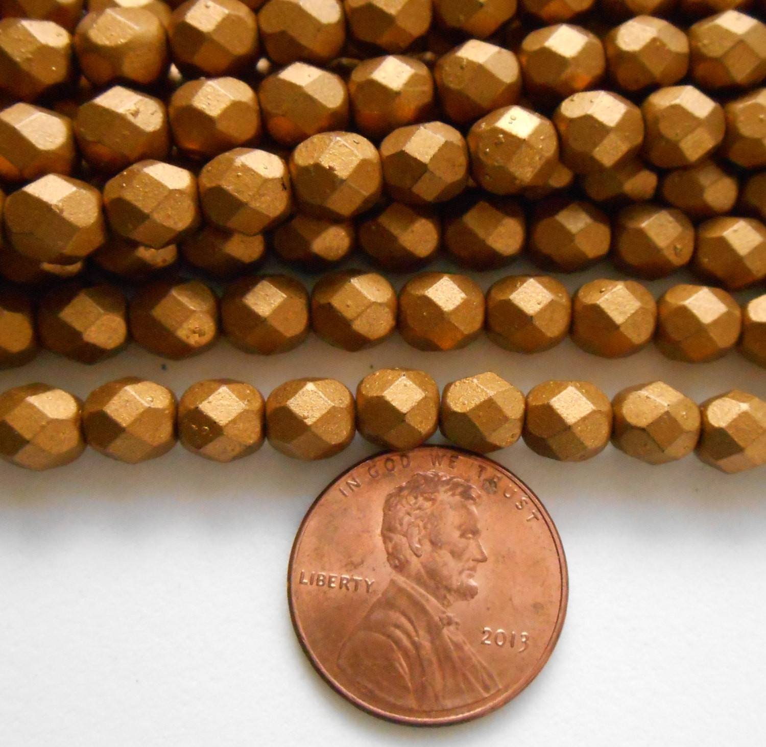 Lot of 25 6mm Matte Metallic, Gold Czech glass firepolished, faceted round beads, C7425 - Glorious Glass Beads