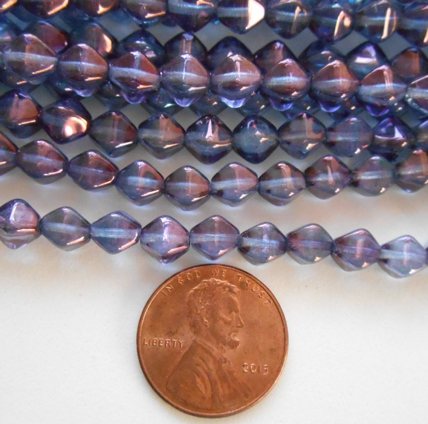 Fifty 6mm Transparent Amethyst Luster bicone pressed glass purple Czech beads, C8650 - Glorious Glass Beads