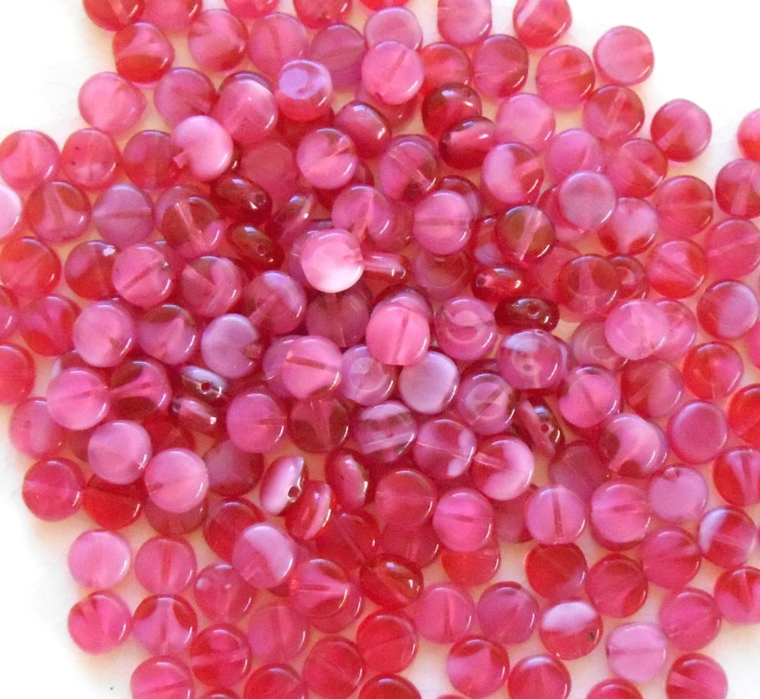 Fifty 6mm Czech glass flat little coin or disc beads, milky 50 6mm Czech glass flat round milky rasberry beads,  beads with white hearts, C9450 - Glorious Glass Beads