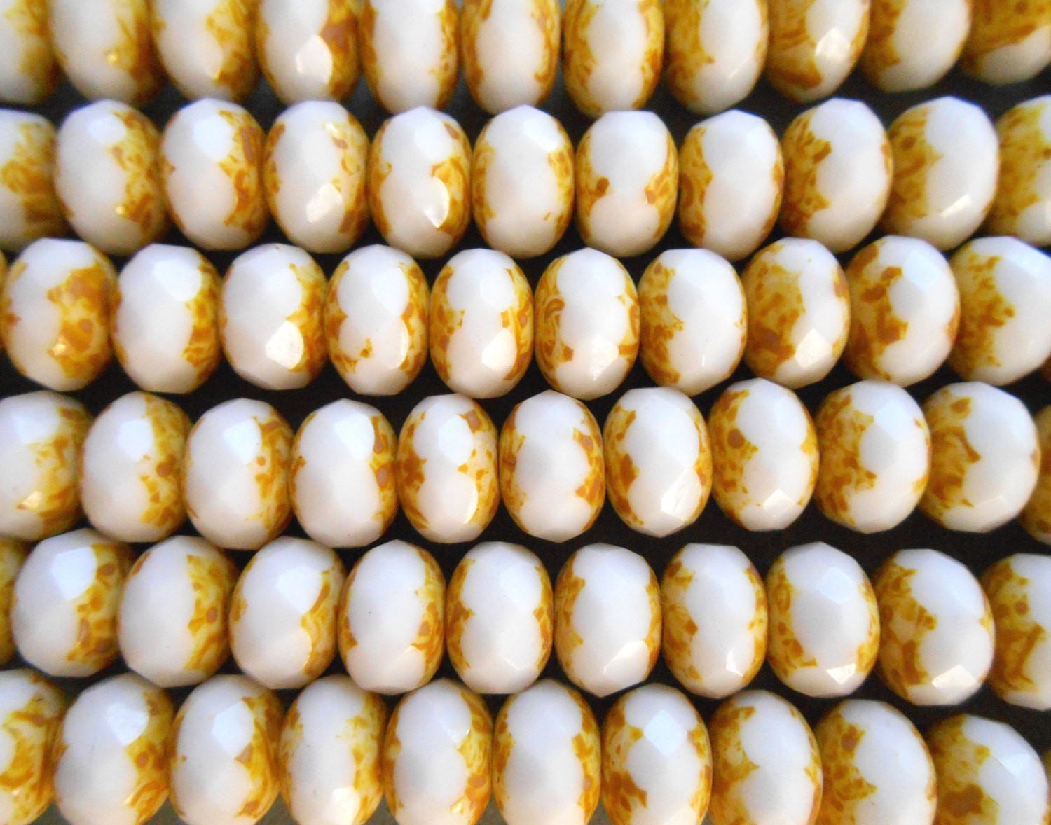 Lot of 25 6 x 9mm Czech glass White Picasso Faceted Puffy Rondelle Beads, C8001 - Glorious Glass Beads